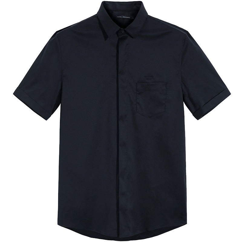 太平鸟男装短袖衬衫男藏青色翻领商务休闲韩版夏季刺绣衬衣男