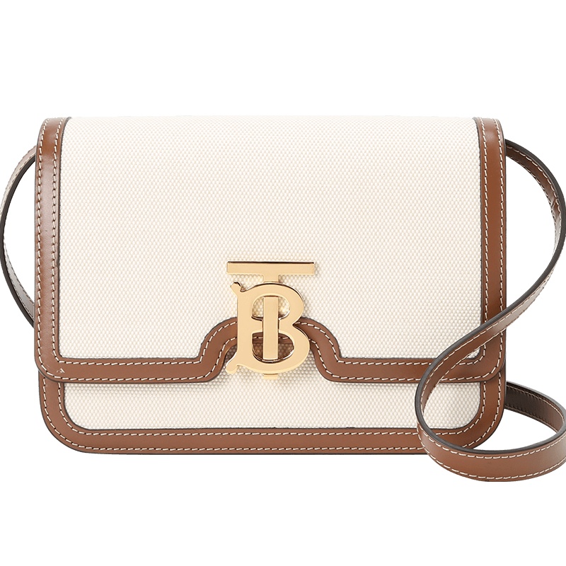 预订 BURBERRY TB 专属标识双色帆布拼皮革锁扣包单肩包斜挎包 小号 21*6*16CM