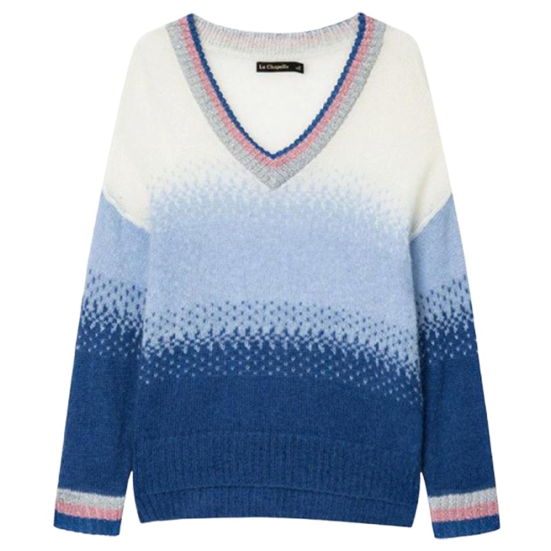 拉夏贝尔v领毛针织衫女春季新款亮丝成熟风时尚宽松毛衫薄款毛衣10018189