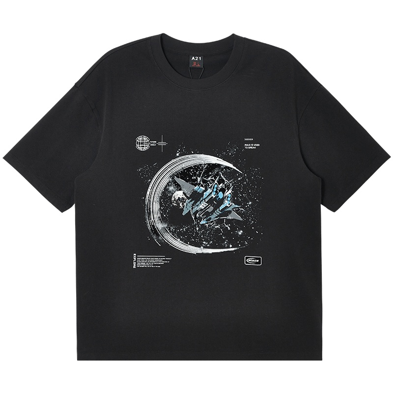A21夏季2021新款男装 宽松圆领落肩情侣短袖T恤男士印花女潮上衣