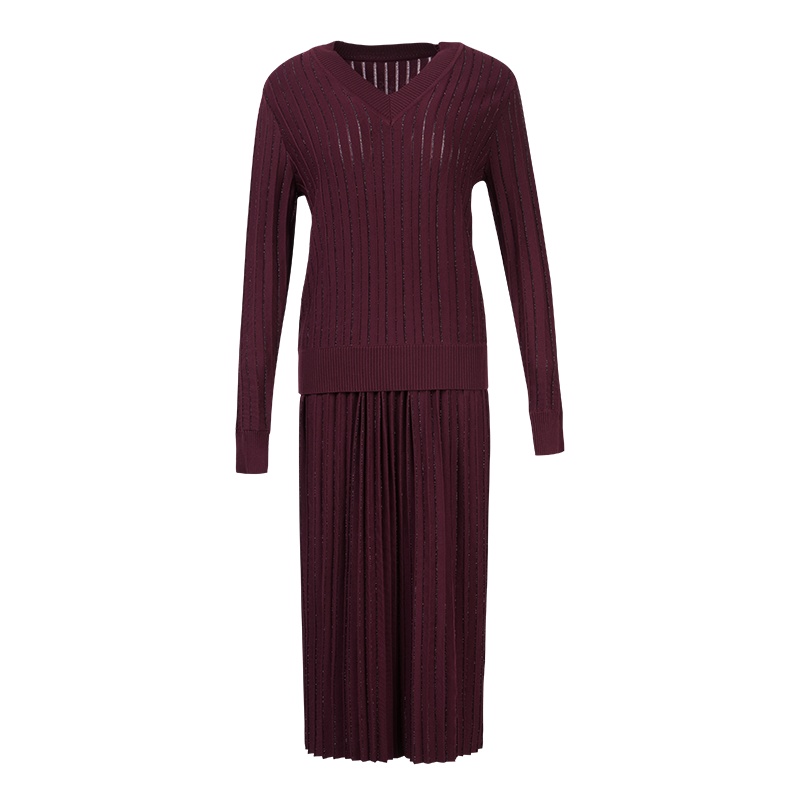 晚白 2020春新品针织套装裙通勤V领针织衫百褶半身裙时尚两件套女