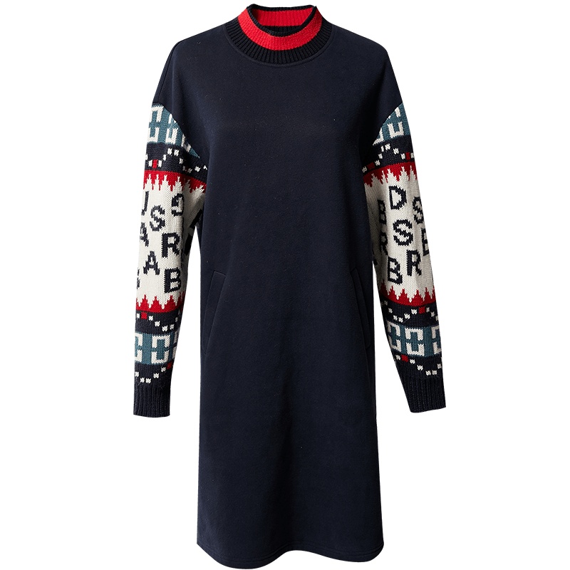 欧昵雪秋冬季立领拼接针织长袖宽松显瘦抓绒卫衣连衣裙女