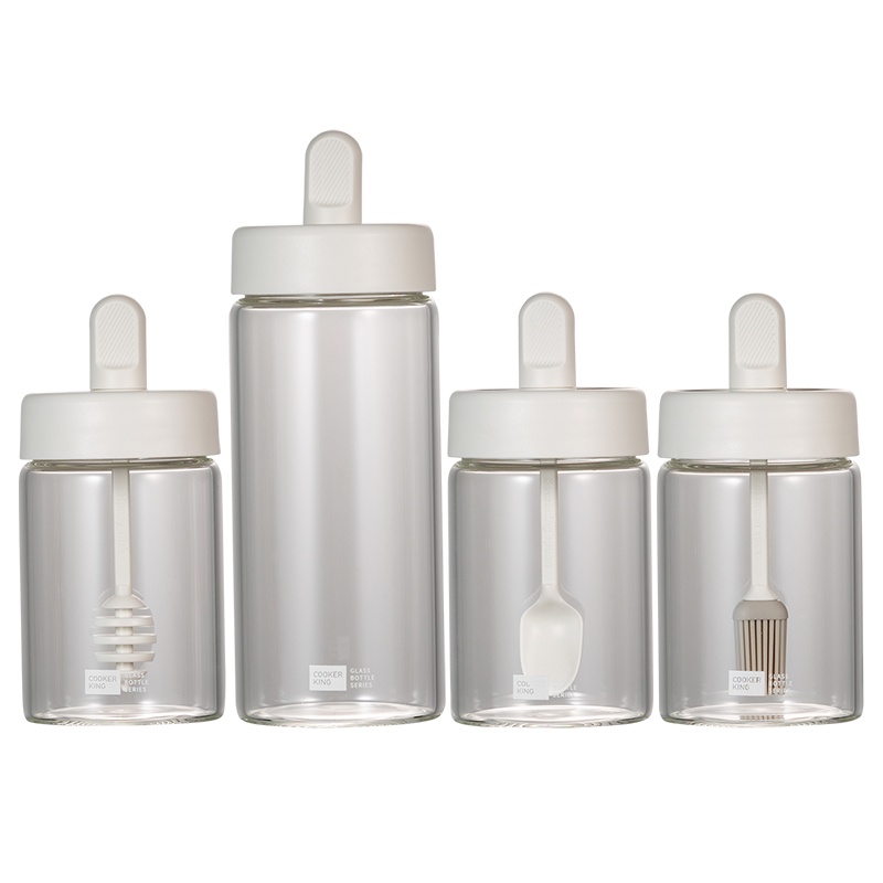 炊大皇圆形玻璃调味罐4件套装厨房用品勺子瓶油刷瓶蜂蜜瓶玻璃油瓶月牙白YYBZH