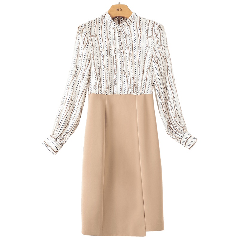 晚白2021春季新品时尚单件立领长袖修身职业包臀裙高腰连衣裙女