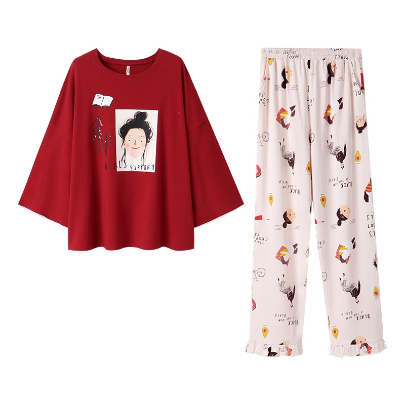 安之伴睡衣女早秋圆领套装针织家居服