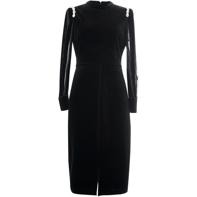 OUNIXUE欧昵雪 | [开叉过膝丝绒裙]秋冬季复古时尚透视长袖拼接女士连衣裙