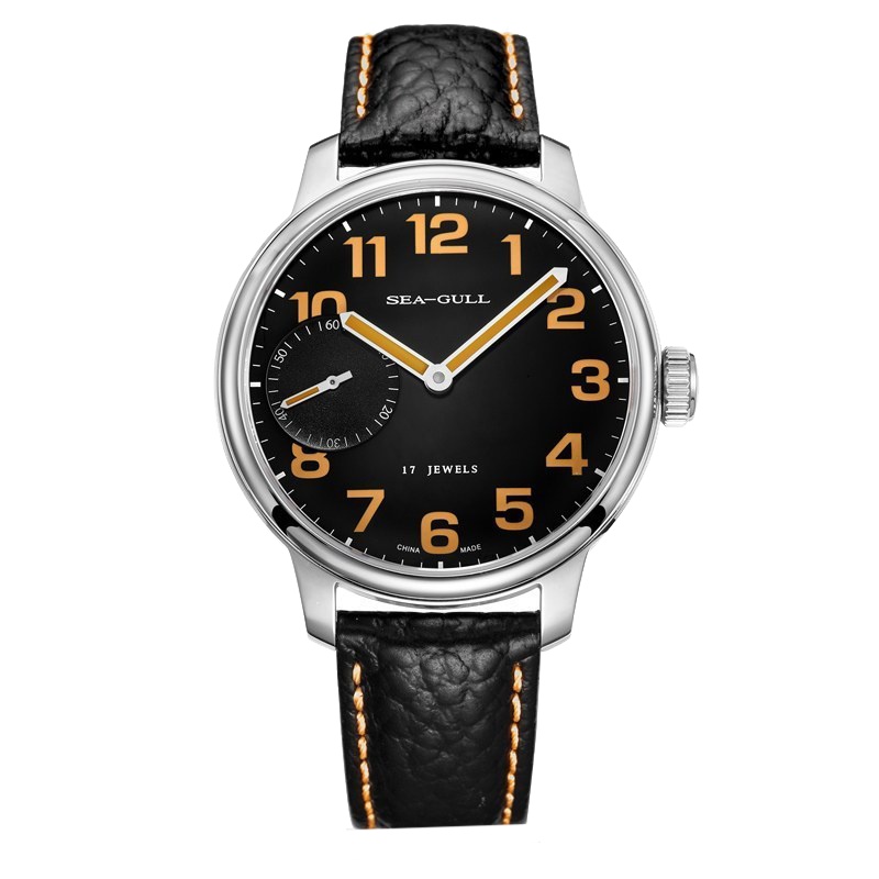 海鸥表(SEAGULL)海鸥手表时尚皮表防水机械表男士大表盘休闲运动男表M222S 黑盘橙字黑带橙线