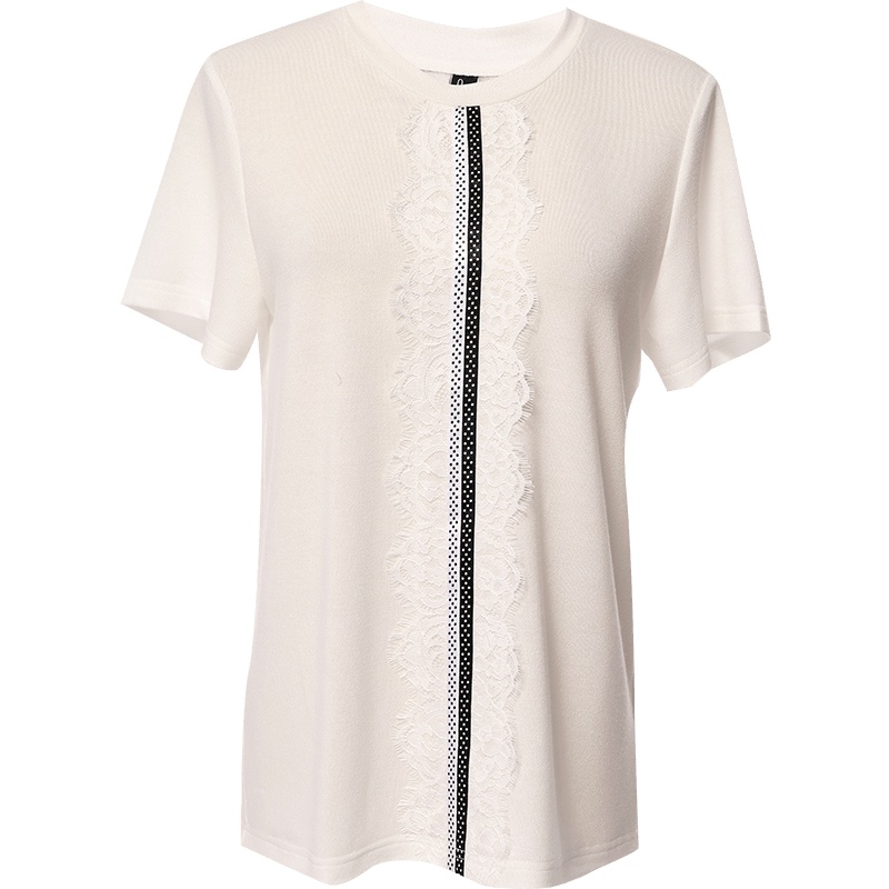 欧昵雪夏季套头圆领拼接蕾丝睫毛显瘦短袖T恤女打底上衣