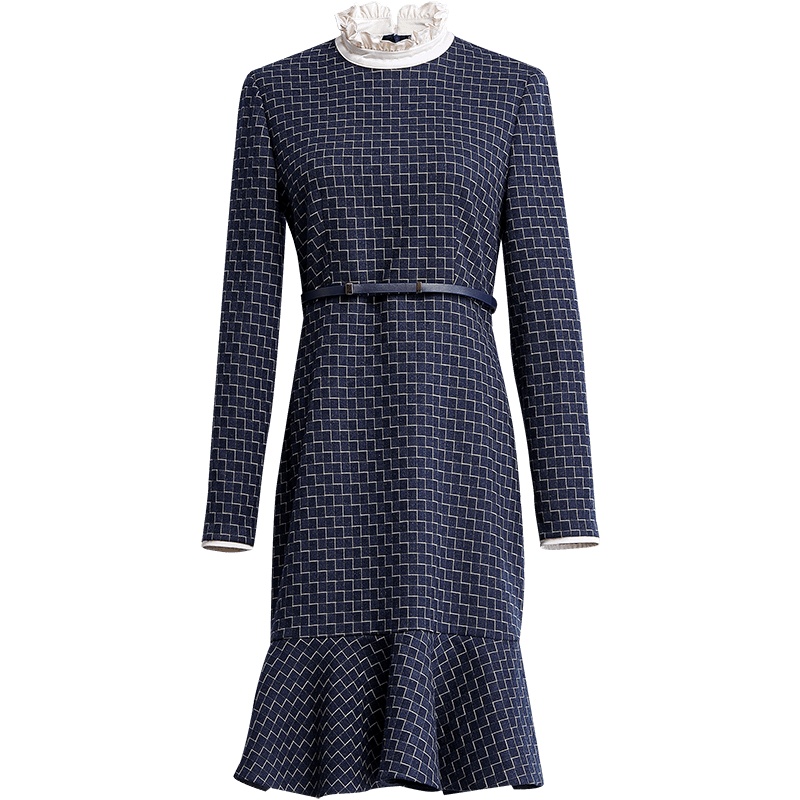 欧昵雪秋冬木耳边立领高腰系带格子鱼尾连衣裙女包臀中裙