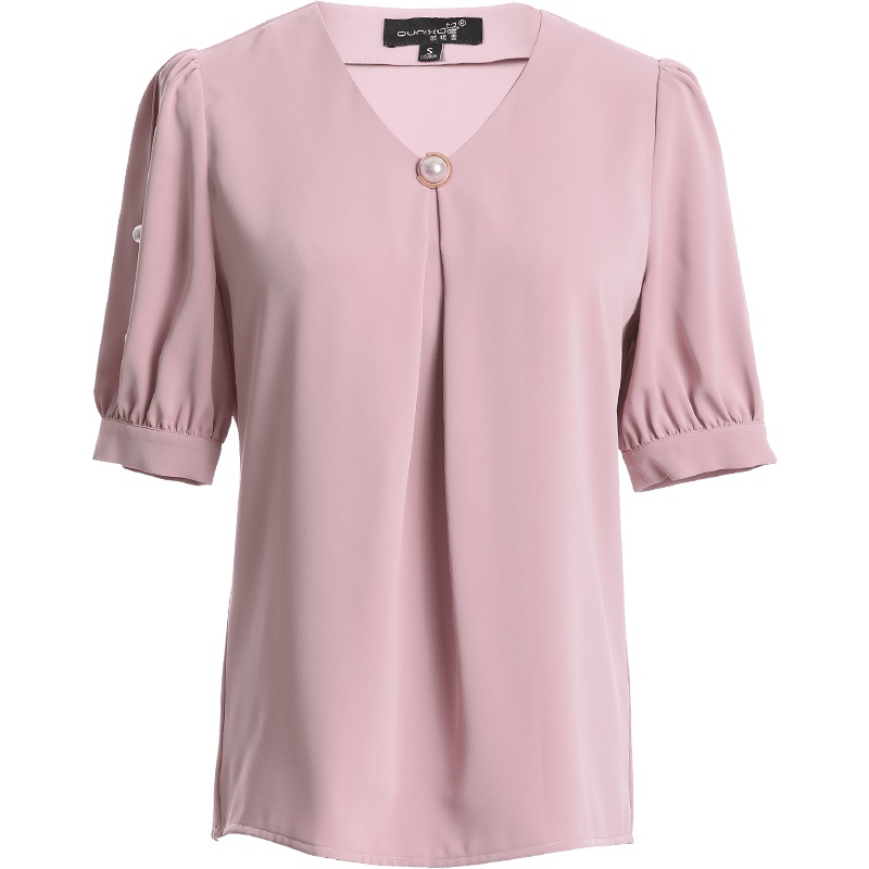 欧昵雪 夏季v领套头衬衫女短袖手工钉珠气质时尚小衫上衣X