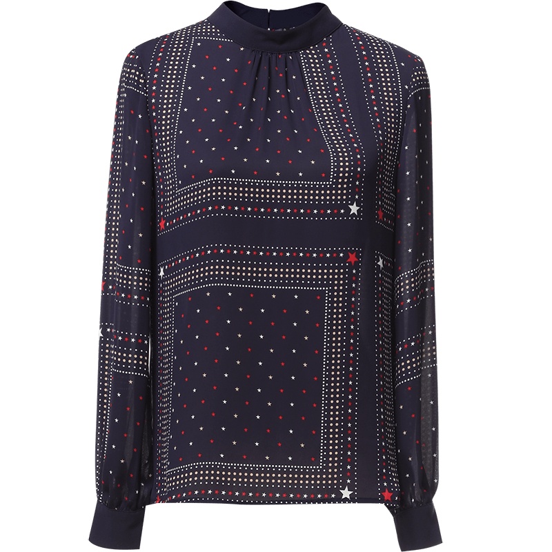 欧昵雪通勤立领套头星星印花衬衫女长袖显瘦衬衣小衫