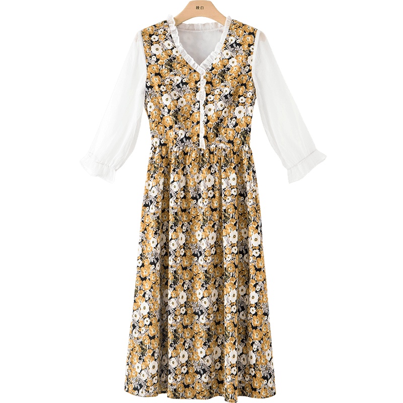 晚白2021春季新品淑女木耳边V领修身时尚印花A字雪纺裙连衣裙女