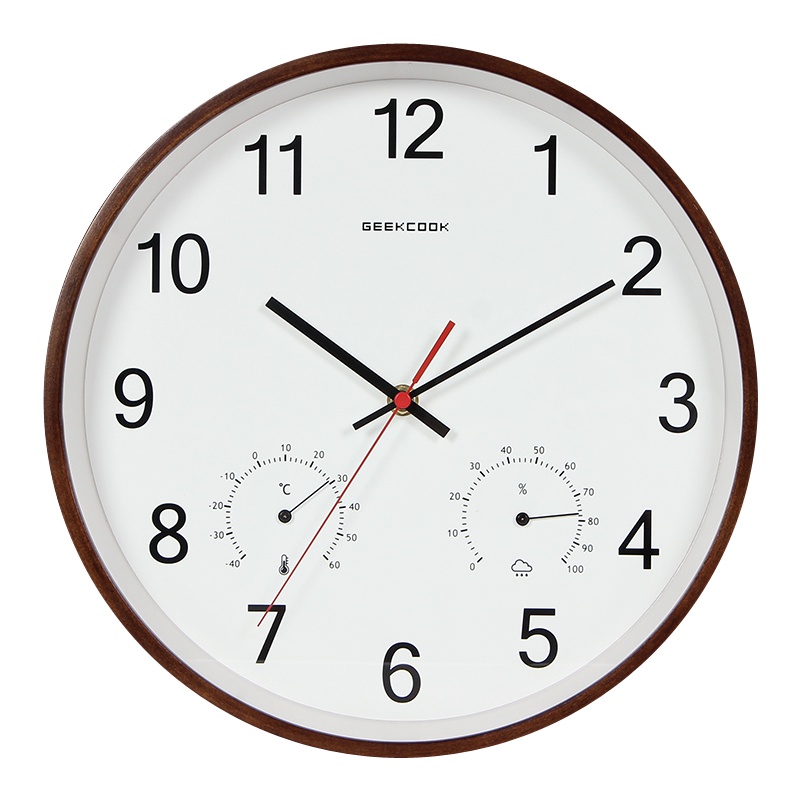 极客库GEEKCOOK12寸木质挂钟客厅圆形石英挂钟静音客厅时钟温湿度计创意挂表GK100077
