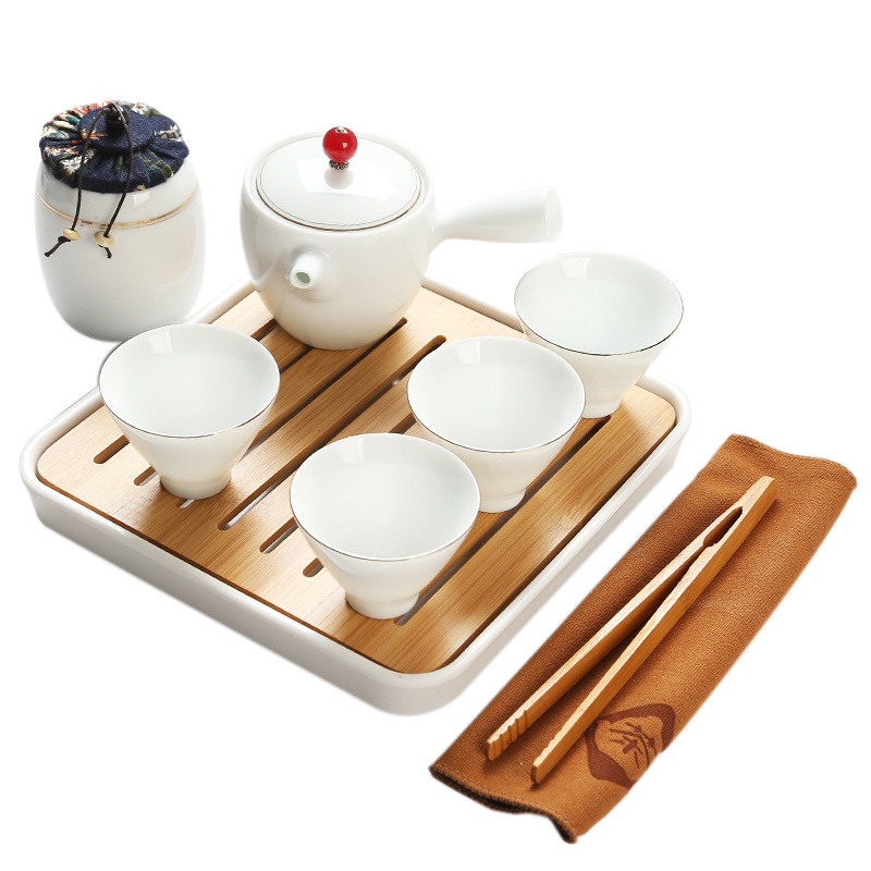 苏氏陶瓷(SUSHI CERAMICS)旅行茶具套装车载描金亭立方茶盘带陶瓷小茶叶罐手柄茶壶茶杯子功夫茶具