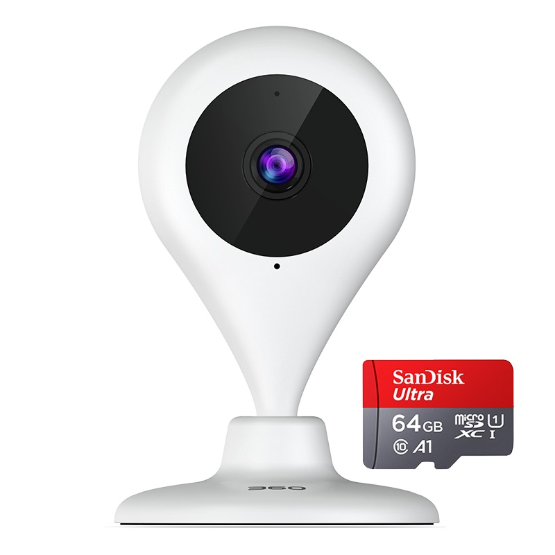 360 摄像头监控 小水滴1080P高清夜视家用wifi监控器 室内无线网络摄像头手机远程智能摄像机+64G内存卡