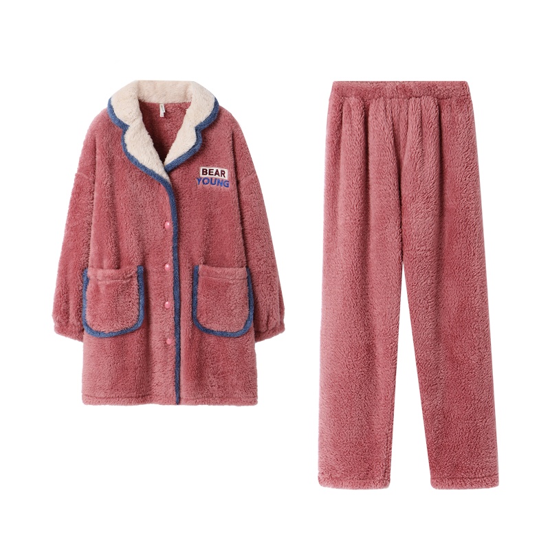 安之伴珊瑚绒情侣睡衣女冬季加厚休闲中长款法兰绒保暖家居服套装