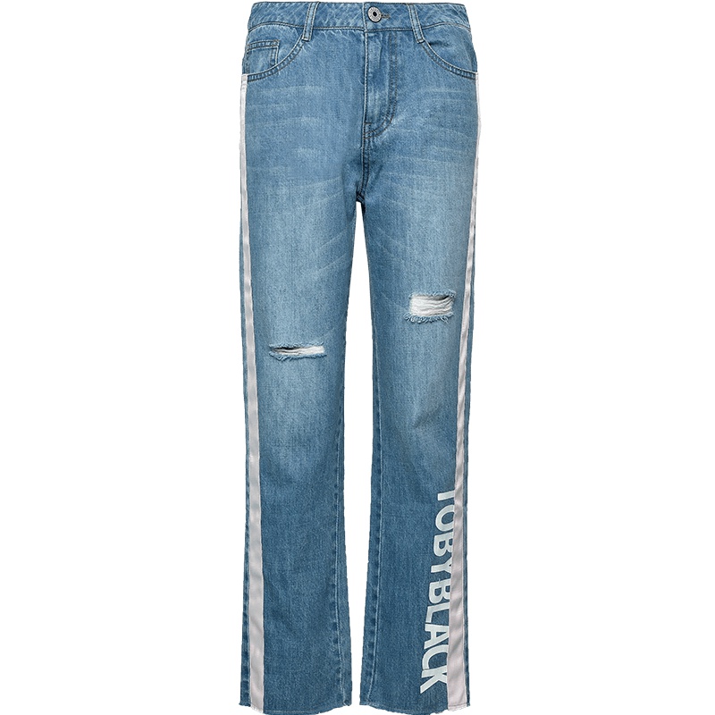 a02新款时尚破洞字母印花侧边织带毛边牛仔裤女DTU2D0911PN