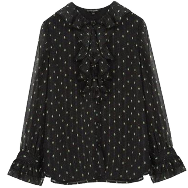 【专柜同款】拉夏贝尔宽松波点衬衣早秋碎花套头荷叶领雪纺衫女10019534