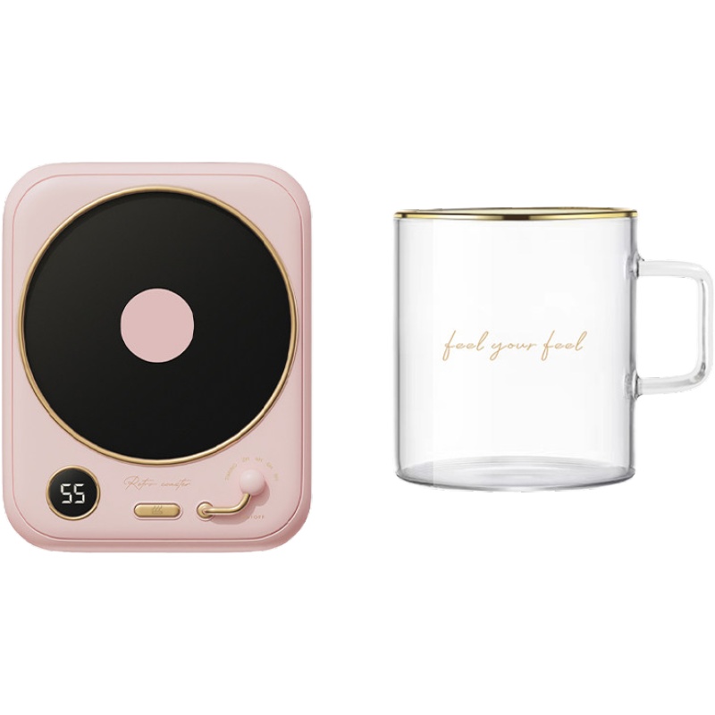 冇心liberfeel暖暖杯55度恒温杯垫加热水杯牛奶保暖家用自加热器USB保温碟保温垫-轻粉加热杯垫+配套玻璃杯