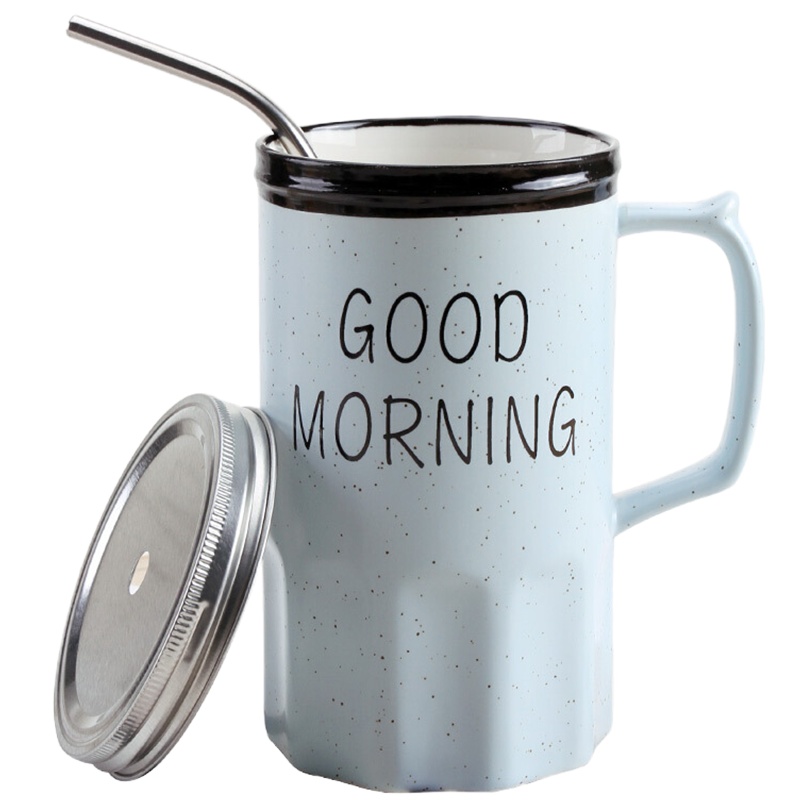 贝瑟斯 吸管陶瓷水杯 铝合金盖子创意马克杯个性咖啡杯牛奶杯男生喝水杯奶茶杯子带盖马克杯蓝色