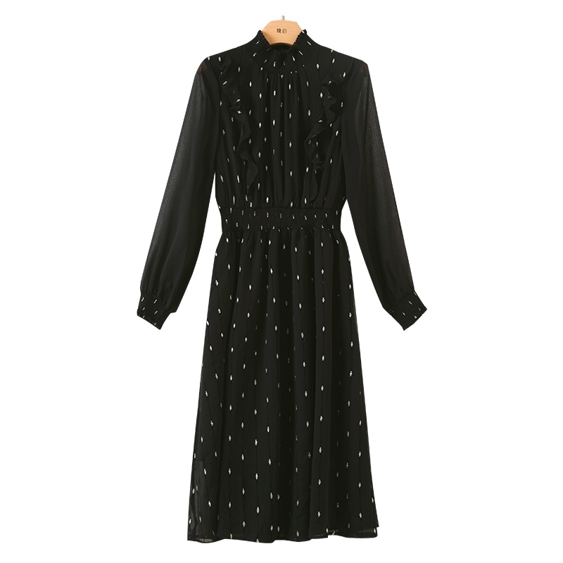 晚白2021春季新品时尚淑女立领长袖松紧收腰A字雪纺裙连衣裙女