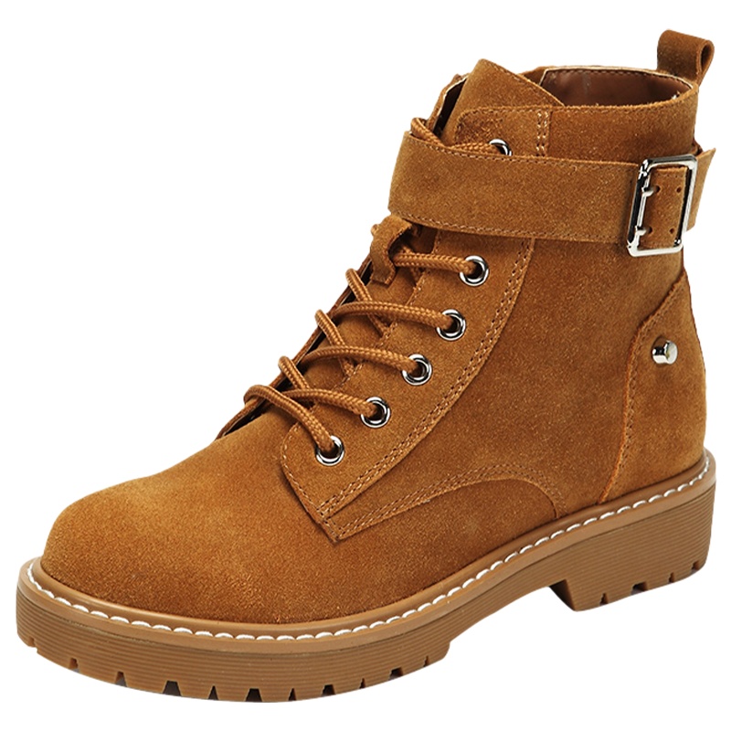 达芙妮马丁靴冬新款系带平底真皮低跟女休闲短靴