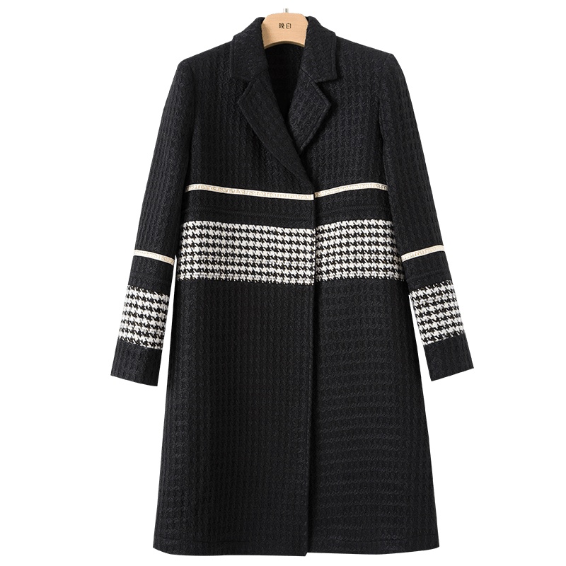 晚白2020冬季新品名媛范中长款千鸟格西装小香风毛呢大衣外套女