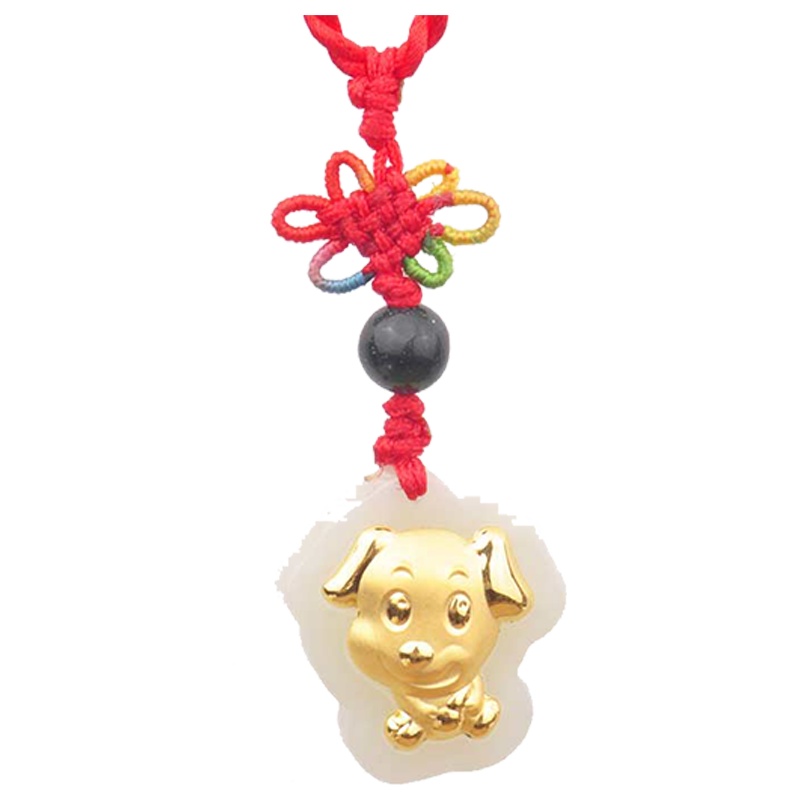 梦克拉 Mkela 足金镶和田玉吊坠 呆萌狗 白玉挂坠 生肖狗项坠 其他国内证书 白底种 玉石吊坠