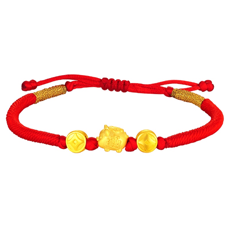 蒂蔻 进宝猪黄金手链男女款3d硬金手绳生肖足金编织绳手饰拉伸款亲子款宝宝小孩适戴