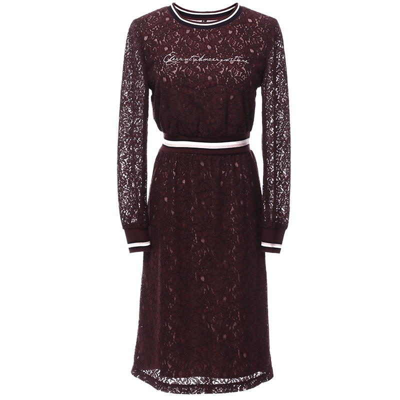 欧昵雪套头圆领字母绣花收腰镂空蕾丝连衣裙女长袖