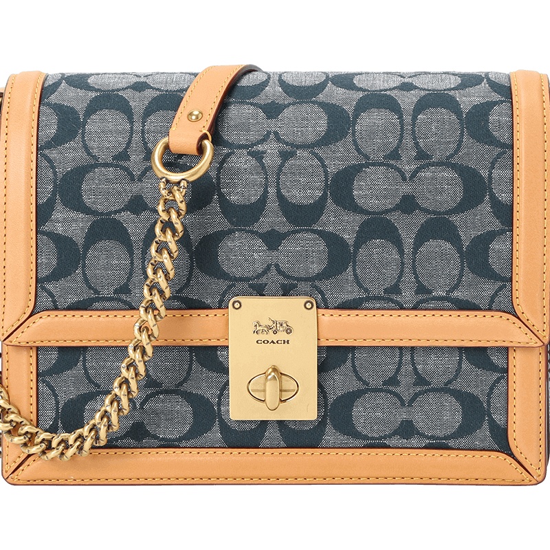 COACH 蔻驰 女包 CHAMBRAY HUTTON口盖包 单肩包 斜挎包 牛仔金扣3696