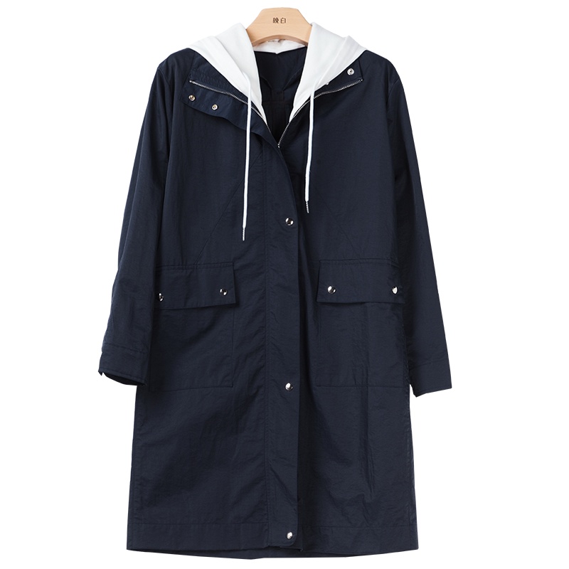 晚白2020秋季新品通勤百搭休闲连帽领长袖中长款外搭时尚风衣女