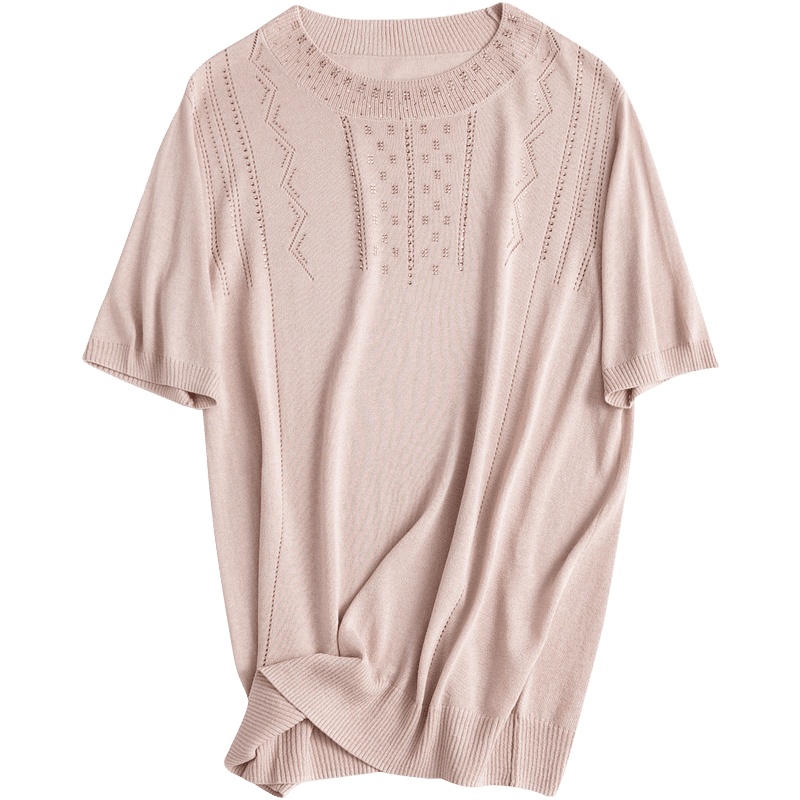 恒源祥妈妈夏装针织衫女低圆领2020新款中年纯色T恤镶钻套头衫