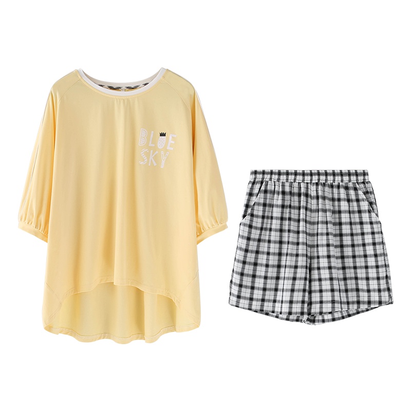 乌拉拉公主棉质弹力针织六分袖女套装鹅黄色