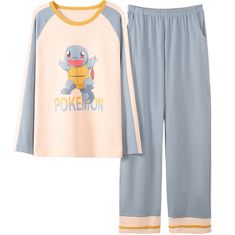 蓝旗(BLUEG)女士春秋长袖套头可爱卡通印花拼色长袖家居服套装两件套