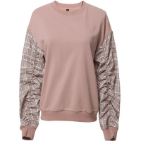 欧昵雪褶皱格子长袖拼接圆领套头卫衣女短款宽松上衣