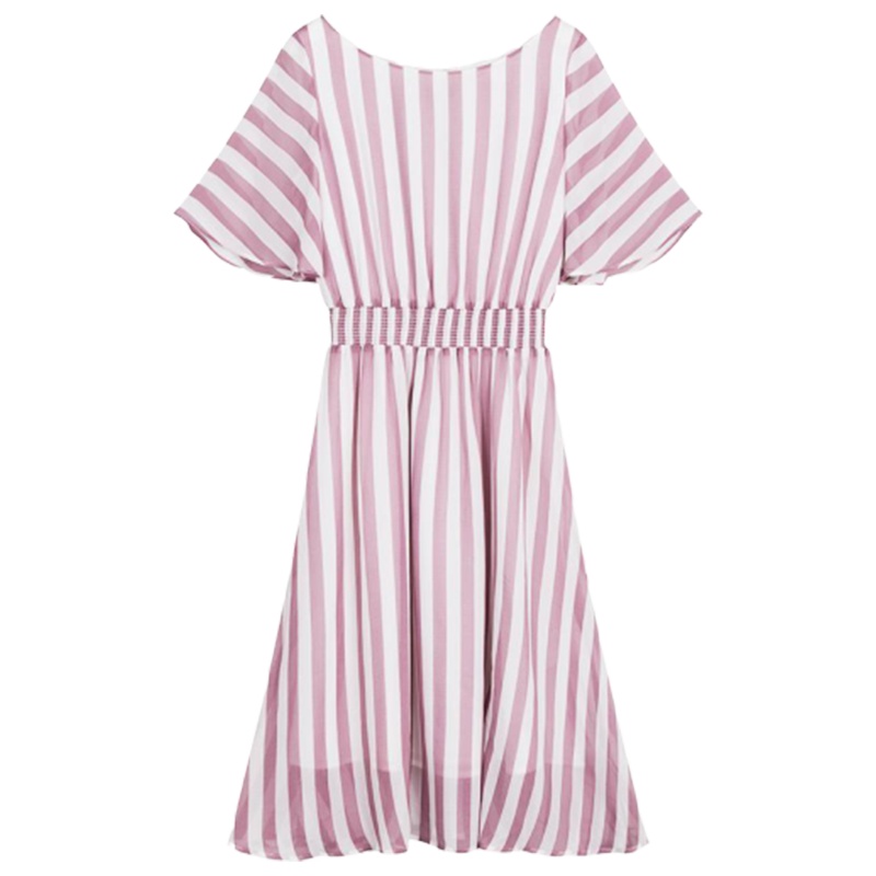 拉夏贝尔夏季新款女松紧腰彩色条纹短袖个性设计感露肩裙雪纺连衣裙_307 S 灰粉