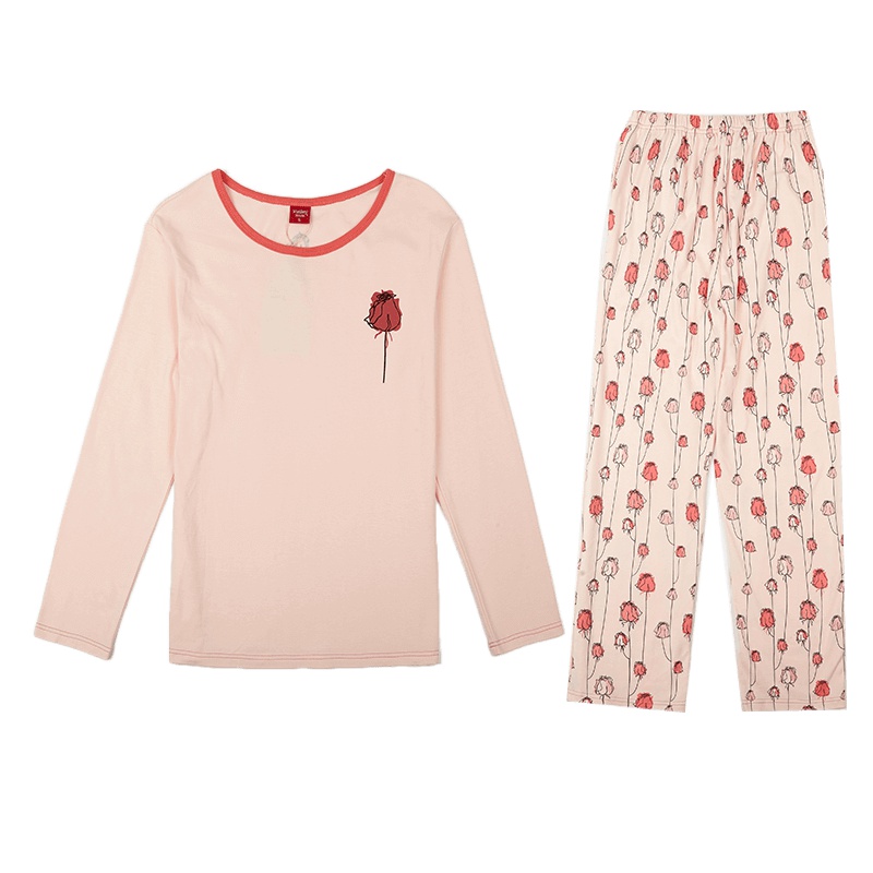 雪仙丽睡衣女春季纯棉长袖圆领可外穿印花时尚女款全棉家居服套