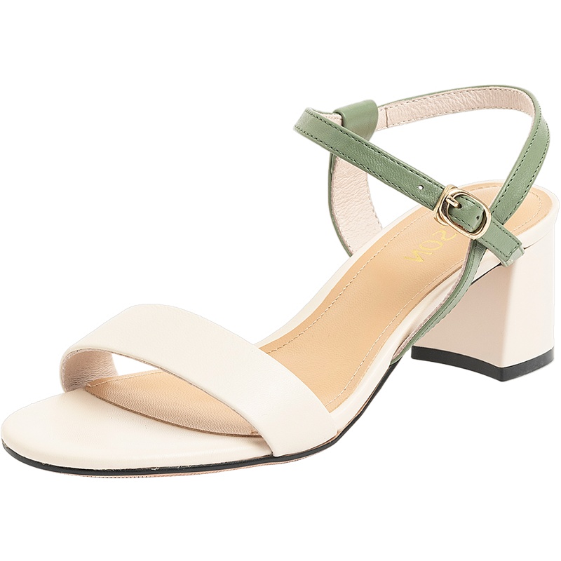 百田森2020夏季商场同款凉鞋女粗跟真皮撞色一字带凉鞋百搭高跟鞋