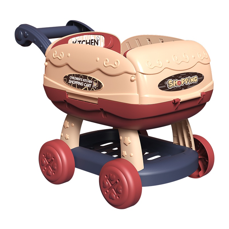 过家家厨房玩具煮饭手推车烧烤抖音同款购物车厨房餐具仿真玩具(916AH红色车)