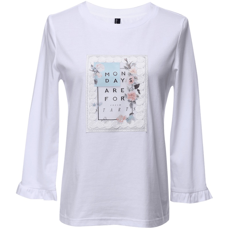 欧昵雪初秋蕾丝花边字母印花木耳边七分袖圆领纯棉T恤女