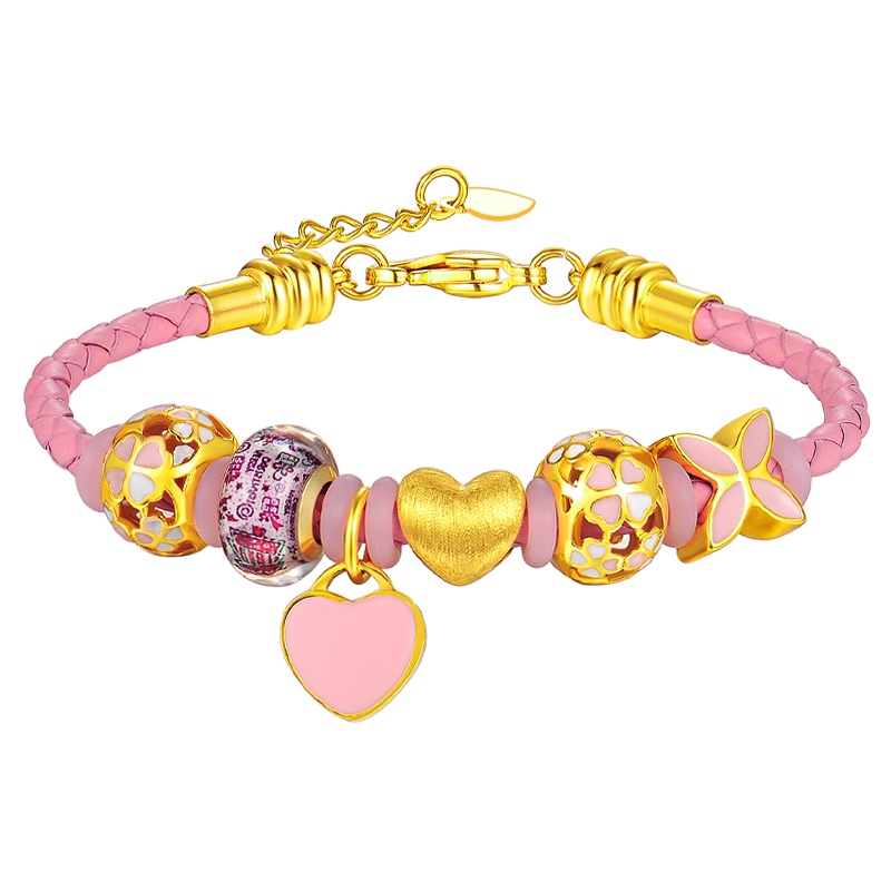 蒂蔻 时尚爱心形黄金手链女款硬金四叶草粉色手绳七夕情人节表白生日送女朋友