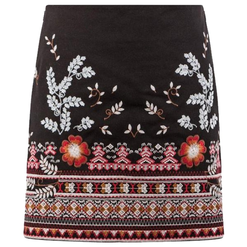 拉夏贝尔秋装新民族风复古显瘦绣花防走光包臀a字短裙女10014181