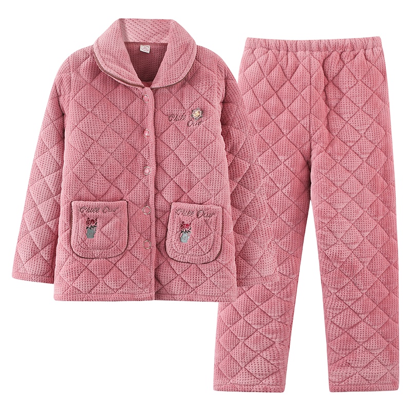 猫人烂花绒夹棉中老年款睡衣女冬季翻领保暖开衫长袖长裤家居服