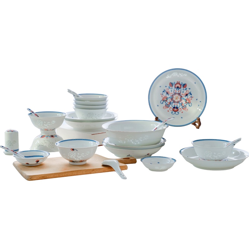 古镇陶瓷景德镇碗碟套装餐具小清新中式玲珑结婚礼盒家用套碗盘装30头餐具繁花似锦
