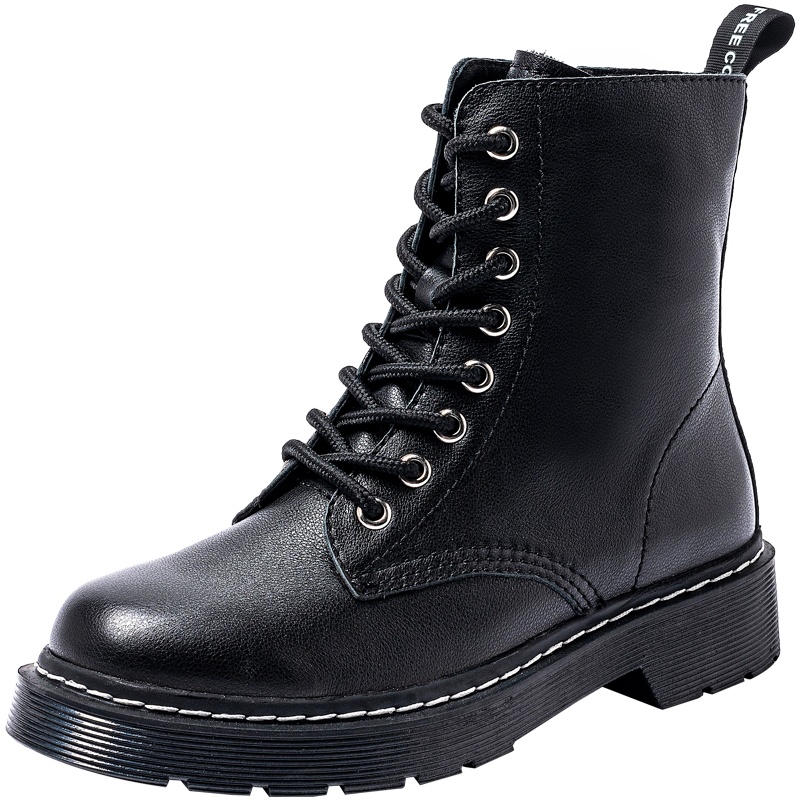 百田森冬季新款马丁靴女牛皮中筒靴厚底中跟英伦风车线机车靴