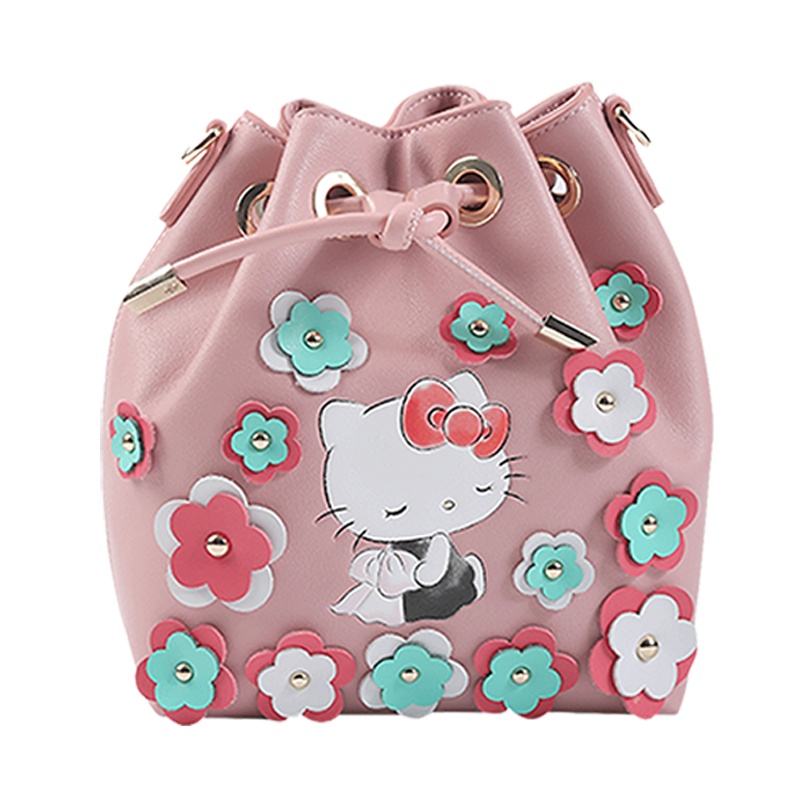 HELLO KITTY 凯蒂猫 花朵皮贴抽绳链条斜挎包 粉色