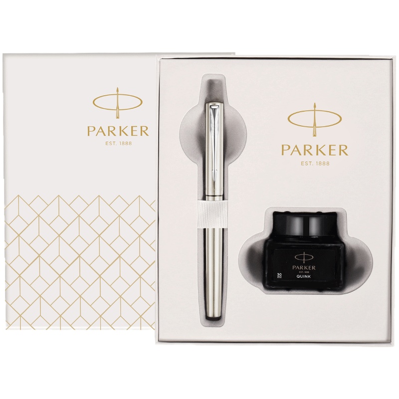 派克PARKER 钢笔 威雅XL钢杆白夹墨水笔+小墨水礼盒 学生办公用品书写金属不锈钢F笔尖0.5mm 可吸墨可替换墨囊