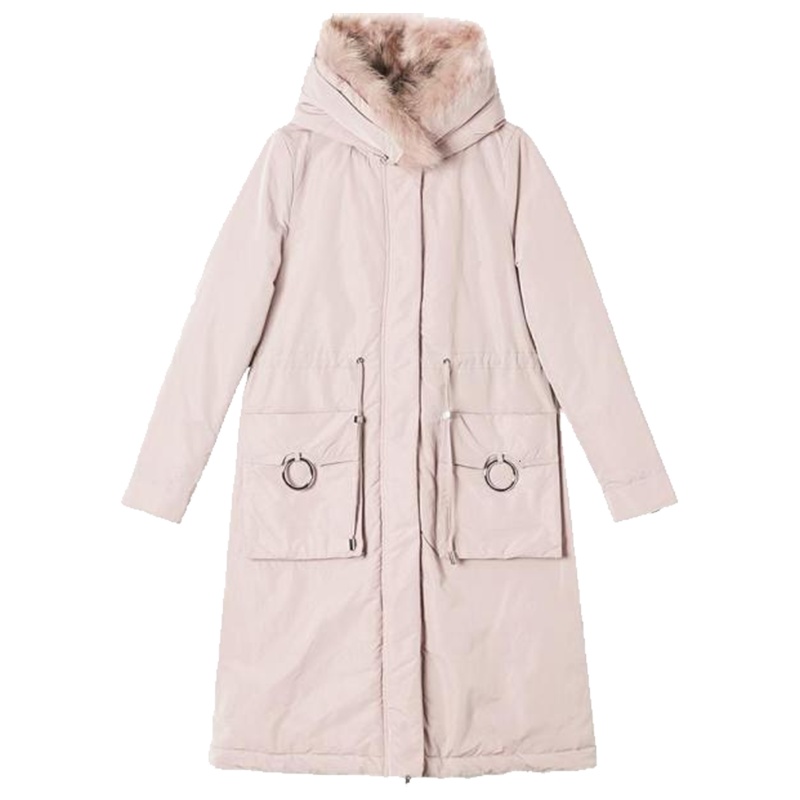 拉夏贝尔羽绒服女中长款2019冬季新款韩版宽松大衣拉链时尚毛领鹅绒外套