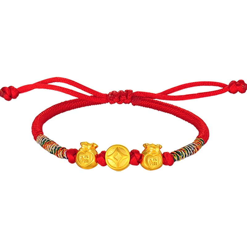 中银金行黄金手链足金手链黄金手绳3D硬金财运亨通红绳手链
